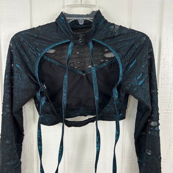Kelle Women Dance Rave Costume Cyberpunk Long Sleeve Cropped Top Blue Medium - Picture 7 of 7